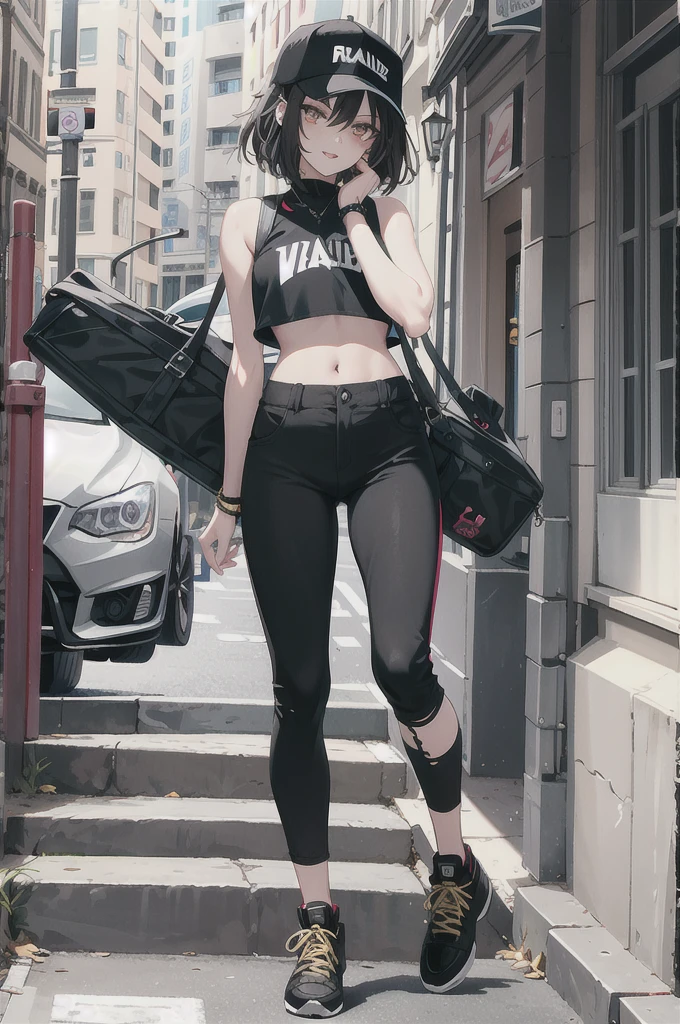 a young woman with short blackish-brown hair and golden eyes with black irises. She has a muscular but slim build, fang-like front teeth, and black-painted talons similar to those of a vampire. For clothing, she wears her signature baseball cap along with a plethora of different modern outfits and casual outfits like black colored cropped pants, sleeveless shirt and short boots or sneakers.