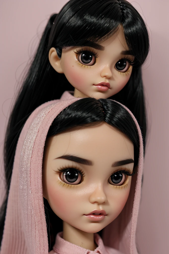 Blythe doll with light skin , long black hair thick, slightly arched eyebrows, the dark eyes, medium length eyelashes and slightly pink and shiny lips.