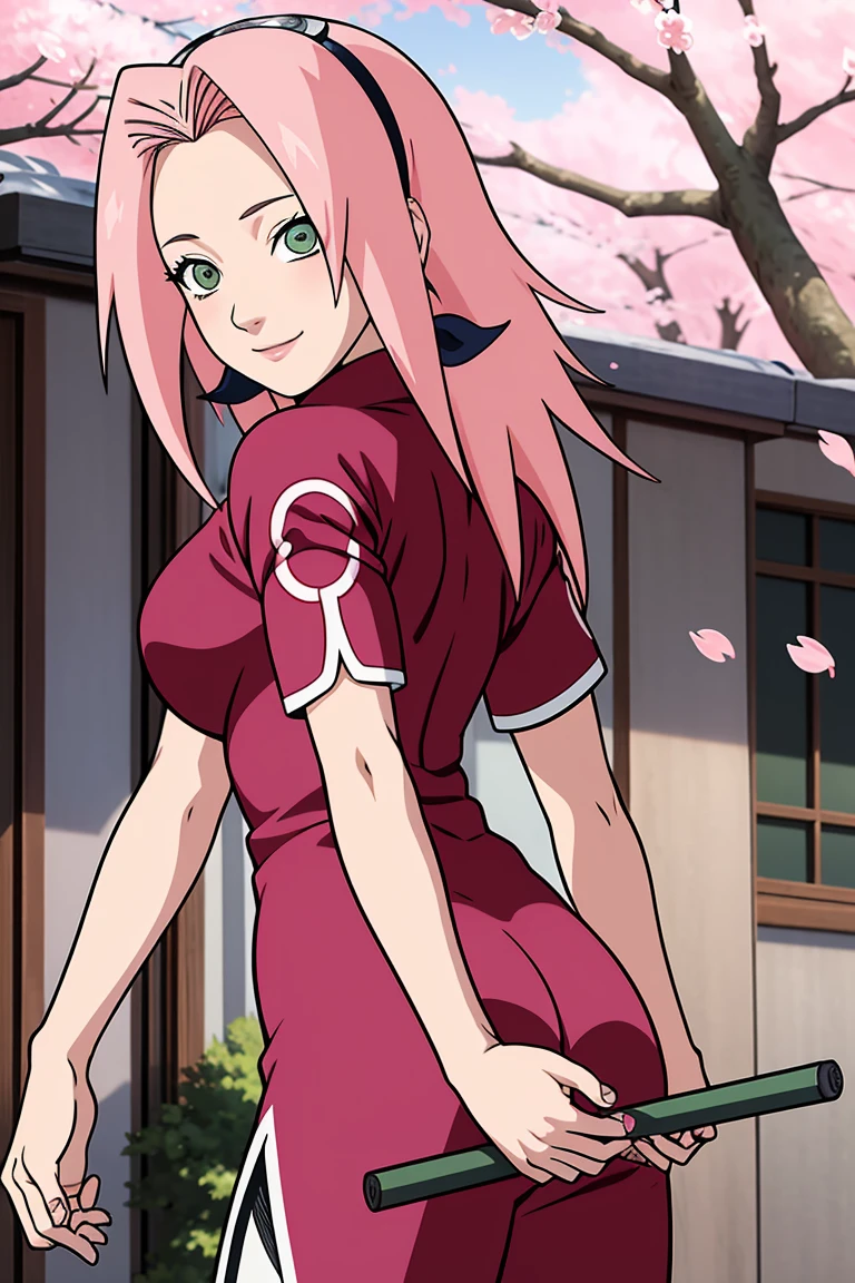 Masterpiece， Best quality at best， 1girll， sakura haruno， medium breasts, smile，With pink hair， Long hair waiter， （Green eyeballs:1.4)， Front protection， Cherry trees，Cherry blossoms flying，red cleft thigh dress, Tight cropped trousers , Uniform body, tight pants, from back, ass focus, Lifting skirt