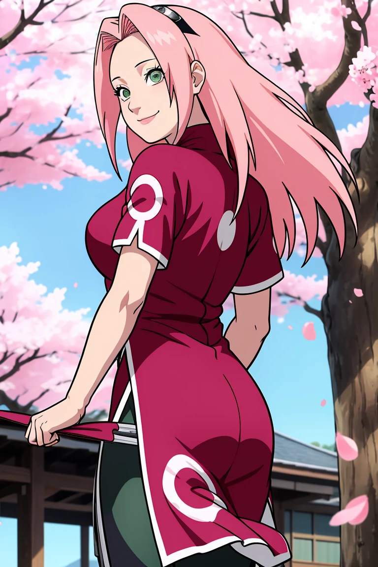 Masterpiece, Best quality at best, 1girll, sakura haruno, medium breasts, smile,With pink hair, Long hair waiter, (Green eyeballs:1.4), Front protection, Cherry trees,Cherry blossoms flying,red cleft thigh dress, Tight cropped trousers , Uniform body, tight pants, from back, ass focus, Lifting skirt
