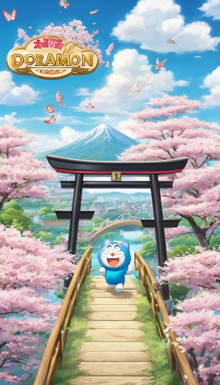 Create a vibrant, whimsical landscape scene inspired by the cartoon Doraemon. Include a peaceful park with cherry blossom trees in full bloom, a gently flowing river with a small wooden bridge, and Nobita and Doraemon playing together near the iconic time machine. The sky should be bright and clear, with a few fluffy clouds, capturing the joyful and adventurous spirit of the show."