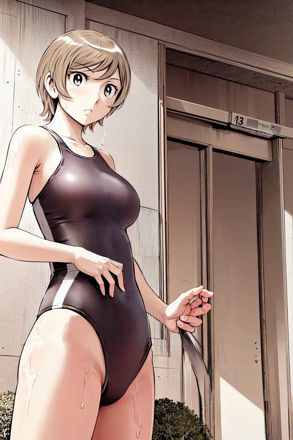 Blonde, (short hair:1.2)、((Illustration of a person))、Big Breasts、
View your viewers,, (Highest quality:1.3),blue eye star piece、Highest quality)、Highest quality, Ultra-high resolution, (((masterpiece))), alone, Sweat、Big eyes、Big Breasts、One Girl, Front view、Embarrassed face、Bronze colored hair、((short hair))、One Girl, alone, blush, Big Breasts,
Bare arms, Wet, Pool, 青いSchool Swimsuit, Thighs, Place your arms at your sides, Bare arms, Cowboy Shot, Are standing, School Swimsuit,bite、High Leg、mansuji、 exposed、Nipples、Shoulder straps fall、One side off-shoulder、Breast Exposure、Happenings