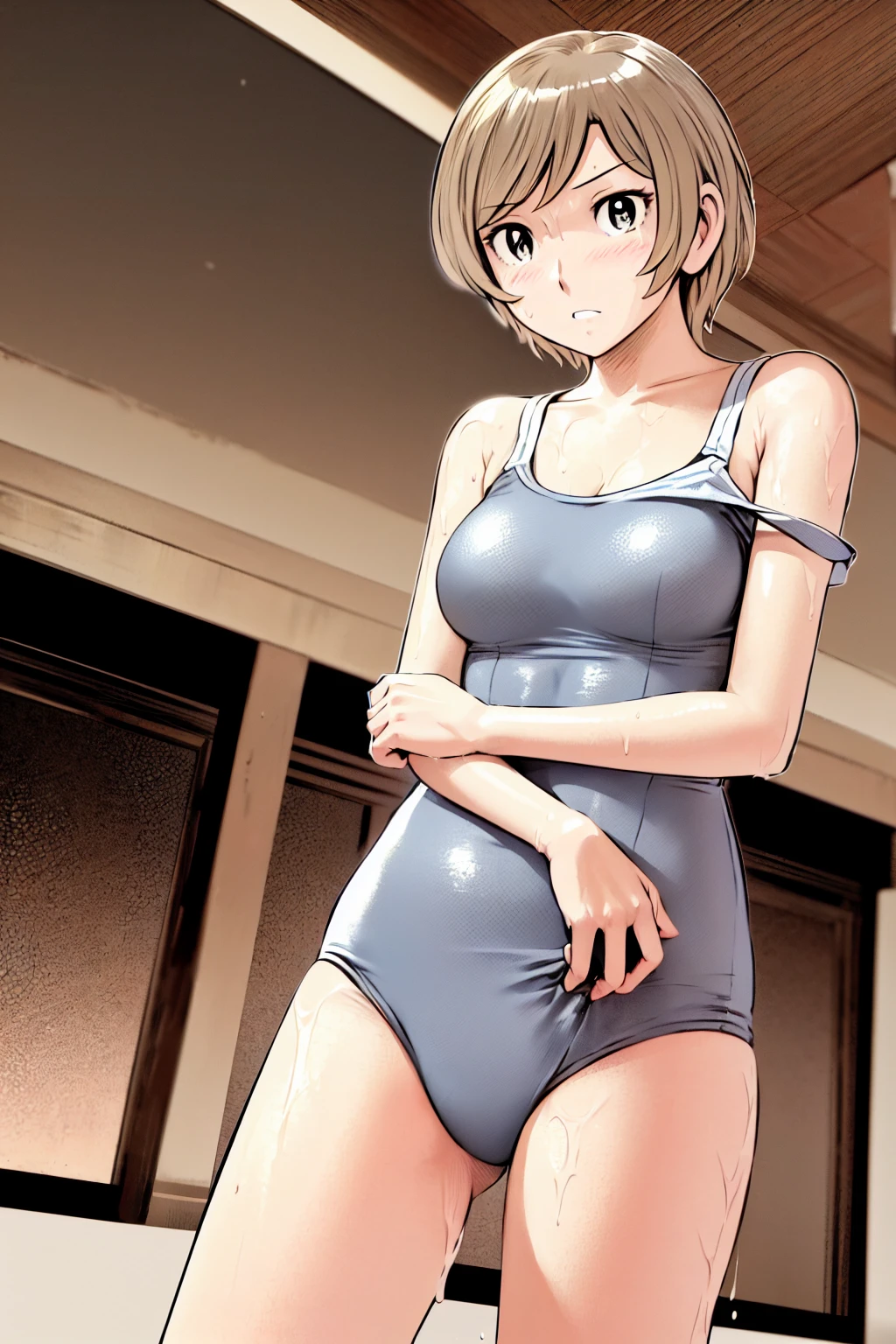 Blonde, (short hair:1.2)、((Illustration of a person))、、
View your viewers,, (Highest quality:1.3),blue eye star piece、Highest quality)、Highest quality, Ultra-high resolution, (((masterpiece))), alone, Sweat、Big eyes、Big BreastsFront view、Embarrassed face、Bronze colored hair、((short hair))、One Girl, alone, blush, Big Breasts,
Bare arms, 青いSchool Swimsuit, Thighs, Place your arms at your sides, Bare arms, Cowboy Shot, Are standing, School Swimsuit,bite、High Leg、mansuji、 exposed、Nipples、Shoulder straps fall、One f-shoulder、Breast Exposure、Happenings
