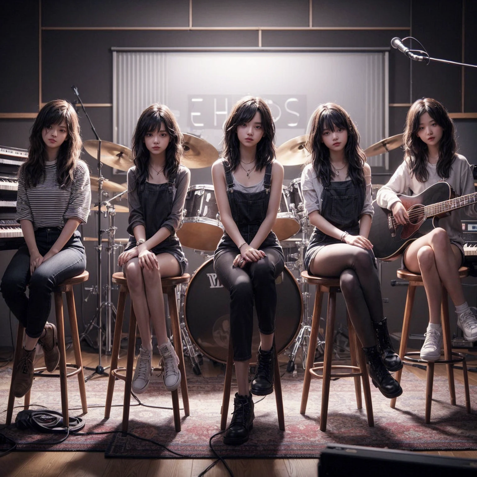 **Photo of 5 beautiful girls, aged 18 to 20, sitting:**
- **3 girls with messy black hair**
- **1 girl with wavy bob black hair**
- **1 girl with a black ponytail**
One girl is playing the drums, one girl is playing the piano, one girl is playing the bass guitar, one girl is playing the guitar, and one girl is singing. They are sitting behind a board with the word "ECHO" written on it. The background is a music studio, complete with drums, guitars, bass guitar, and piano. The image is ultra HD, 4k, photorealistic, raw, and a masterpiece.