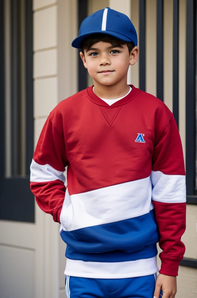 A boy wearing blue shorts with two white stripes, a red sweatshirt and a backwards cap