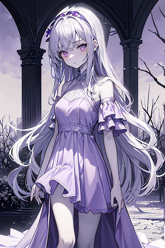 ((tmasterpiece:1.4, Best quality at best))+, (ultra - detailed)+,(Ultra-detailed eyes)+, (Cute 1girl),15year old,(Scarlet eyes:1.15),silber hair, Very long hair,messy hair,(wariza:1.2),pale-skinned,shut up,sad, (She wearing a violet gown:1.5),(flatchest:1.2),(Off-white dress:1.4),(Violet clothes:1.2),(Skinny:1.4), (be desperate:1.3),Gothic, leafs,(Vine tree:1.1), (Silver moonshine:1.2),red colour, (Heavy monochrome:1.16),(depth of fields:1.4)