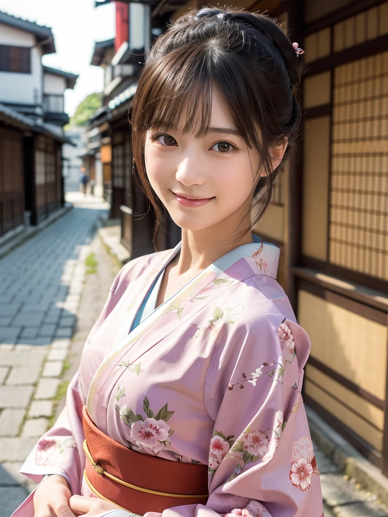 Professional Lighting,(Photorealistic:1.4), (Top image quality:1.0), (超High resolution:1.0), 8K, Raw photography, (masterpiece:0.2), (Facing the children_v1:0.5)、(最高quality Detail:1.2)、Realistic、8K Ultra HD、High resolution、(1 Girl:1.2)、超detailedな、High quality textures、Intricate details、detailed、Very detailed CG、High quality shadows、detailed 美しく繊細な顔、Beautiful details and a delicate eye、(Symmetrical eyes:1.2),Written boundary depth、Ray Tracing,1 Girl, Japanese Girls, (Natural smile:1.4),cute, thin, Portrait of a beautiful Japanese woman in a kimono, Standing elegantly on a street corner in Kyoto. Kimono with vibrant traditional patterns, Hair decorated with elegant and delicate hairpins, Gentle expression. (With the old streets of Kyoto in the background:1.4)、The soft light of a spring afternoon、Adding tranquility to the scene. Rendered in a Realistic style with great attention to detail, High resolutionの画像.Sky Porn, Magic Hour, (Realistic:1.3), finely, quality, (Tabletop:1.2), (Realistic:1.2), (最高quality), (複雑なdetailed), dramatic, Ray Tracing, photograph, +roller