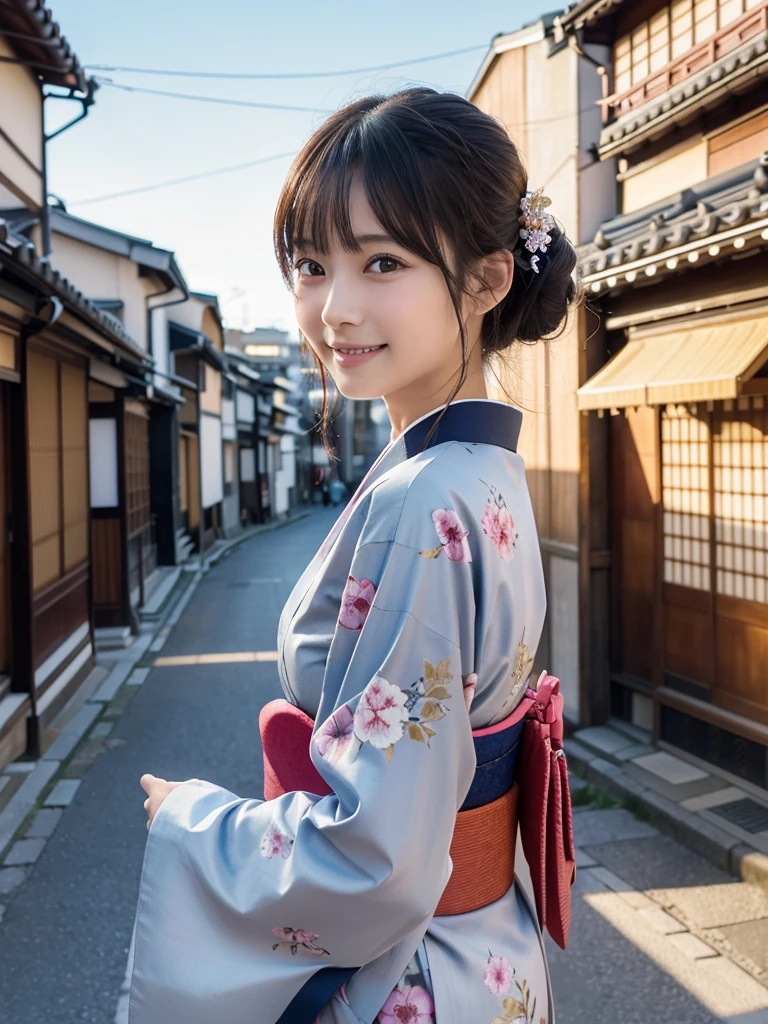 Professional Lighting,(Photorealistic:1.4), (Top image quality:1.0), (超High resolution:1.0), 8K, Raw photography, (masterpiece:0.2), (Facing the children_v1:0.5)、(最高quality Detail:1.2)、Realistic、8K Ultra HD、High resolution、(1 Girl:1.2)、超detailedな、High quality textures、Intricate details、detailed、Very detailed CG、High quality shadows、detailed 美しく繊細な顔、Beautiful details and a delicate eye、(Symmetrical eyes:1.2),Written boundary depth、Ray Tracing,1 Girl, Japanese Girls, (Natural smile:1.4),cute, thin, Portrait of a beautiful Japanese woman in a kimono, Standing elegantly on a street corner in Kyoto. Kimono with vibrant traditional patterns, Hair decorated with elegant and delicate hairpins, Gentle expression. (With the old streets of Kyoto in the background:1.4)、The soft light of a spring afternoon、Adding tranquility to the scene. Rendered in a Realistic style with great attention to detail, High resolutionの画像.Sky Porn, Magic Hour, (Realistic:1.3), finely, quality, (Tabletop:1.2), (Realistic:1.2), (最高quality), (複雑なdetailed), dramatic, Ray Tracing, photograph, +roller