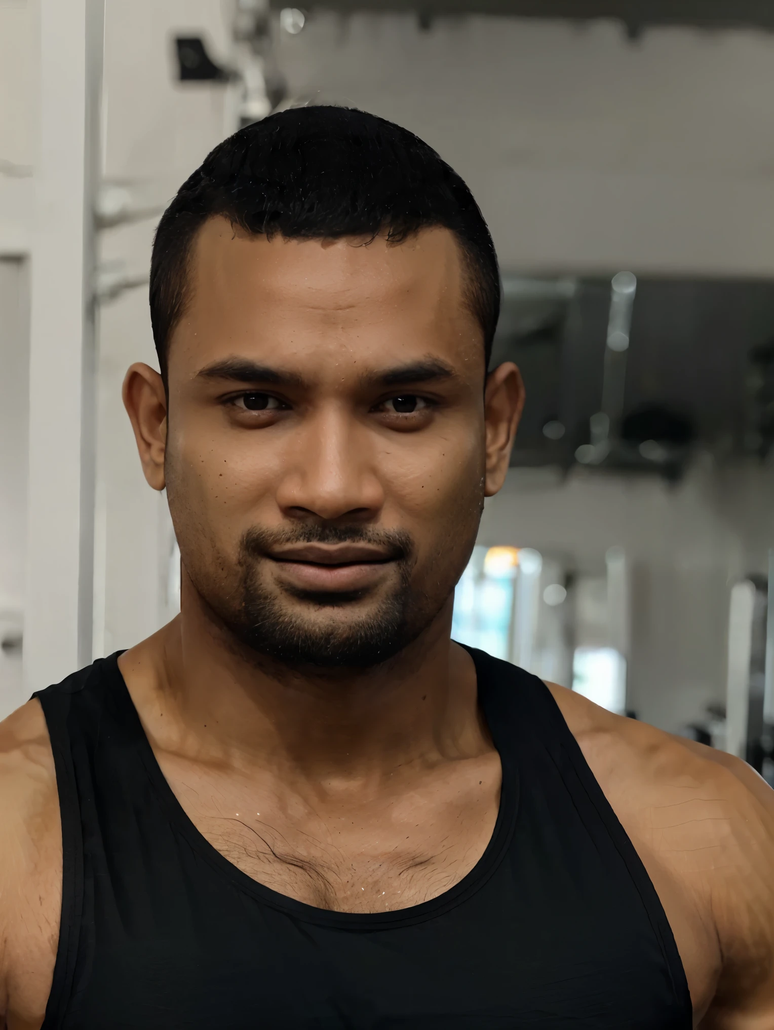 ultra realistic, unreal engine 5, anatomically correct, detailed eyes, detailed face, black eyes, male focus, solo, vichitsin, very dark skin, dark-skinned male, muscular, bara, bodybuilder, very short hair, buzzcut, ((tanktop)),
