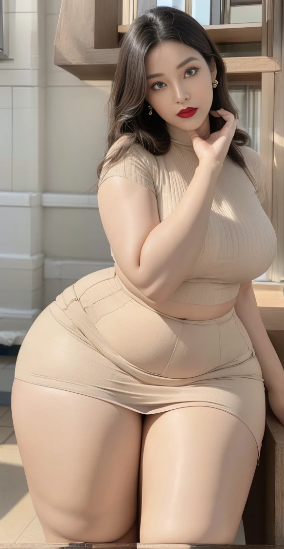 on the street,light brown clothes (No cleavage),thigh, cosmetic, (lipstick: 1.1), (Eyeliner: 1.2), mascara, Eyeshadow,Outdoor sports, earrings, necklace, Black pantyhose, Wrinkles at the corners of the eyes, Oral wrinkles,High Neck Knit Bodycon Skirt,full-body shot,An Asian Japanese woman,65 years old,big eyes,elegant temperament elegant temperament,(masterpiece:1.2, best quality), Practical, (The true situation,45 years old, Intricate details, Depth of Field,High neck clothes), careful, The content is very detailed, This is a perfect face, Perfect body, Large Model, Mature woman, High,Black silk garter belt,8K,best quality, masterpiece, Ultra-high resolution,(lifelike:1.4), original photo, Stay focused, detailed, Dramatic, Exquisite beautiful woman, (tall and straight:1.1),(Fat goddess desetallic high collar dress,High collar fitted skirt),half butterfly earrings, double ring necklace, (:1.05), (65 years old, : 1.4),Long curly hair, Dynamic angle, (red lips)Beautiful graphics, Black reflective leather pants and fishnet stockings,High heel