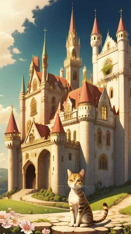 girl, Castle Background, Ivory Gold AI Psychedelic Magic, Cat, Fairy, Clean, bright, Smile