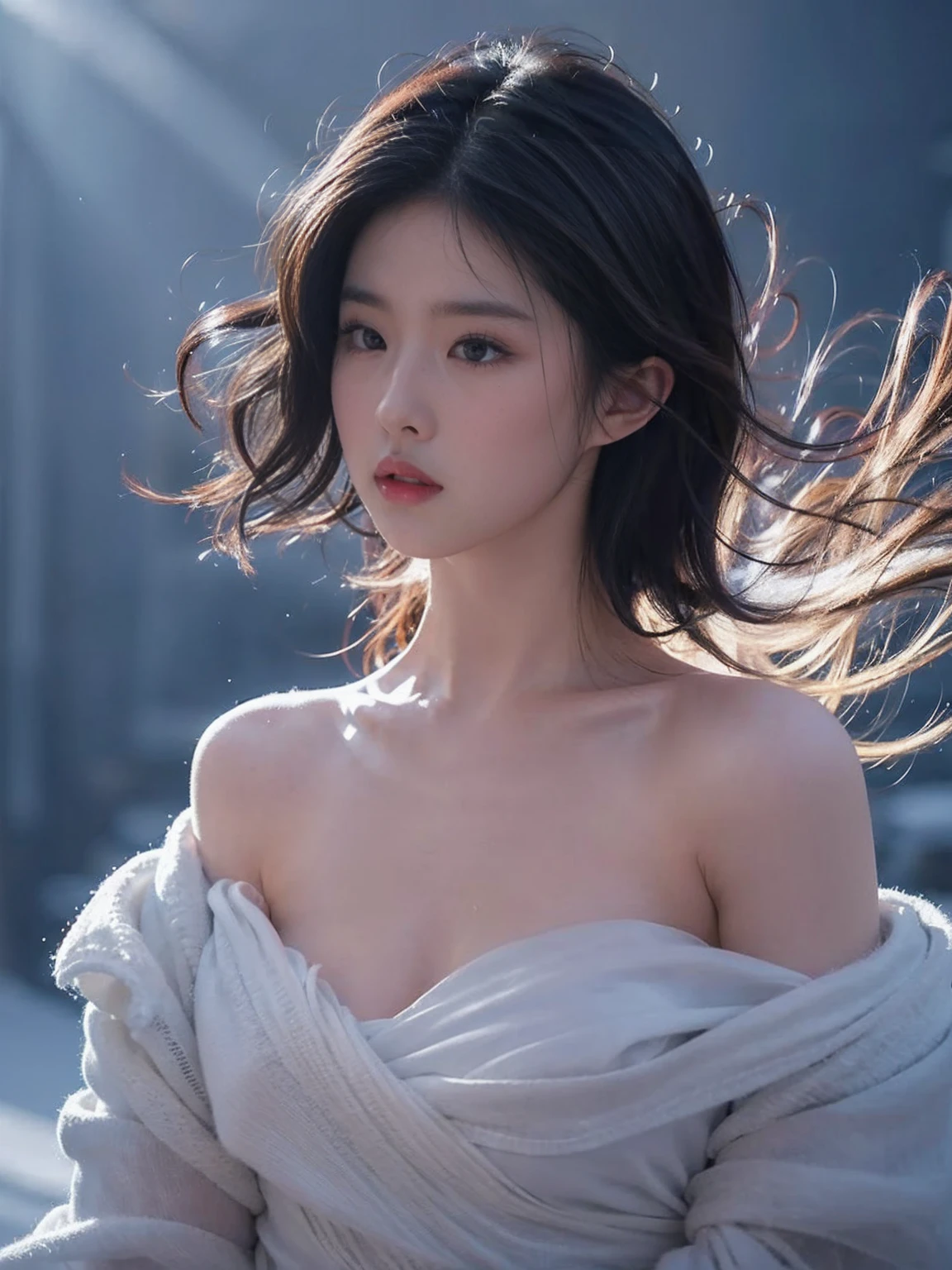 Best picture quality,Masterpiece level,Ultra-high definition,Ultimate realism(1.4),A sexy woman,Wavy shoulder,Glowing skin,Cold and dark environment,Deep shadows,Understated cold light。