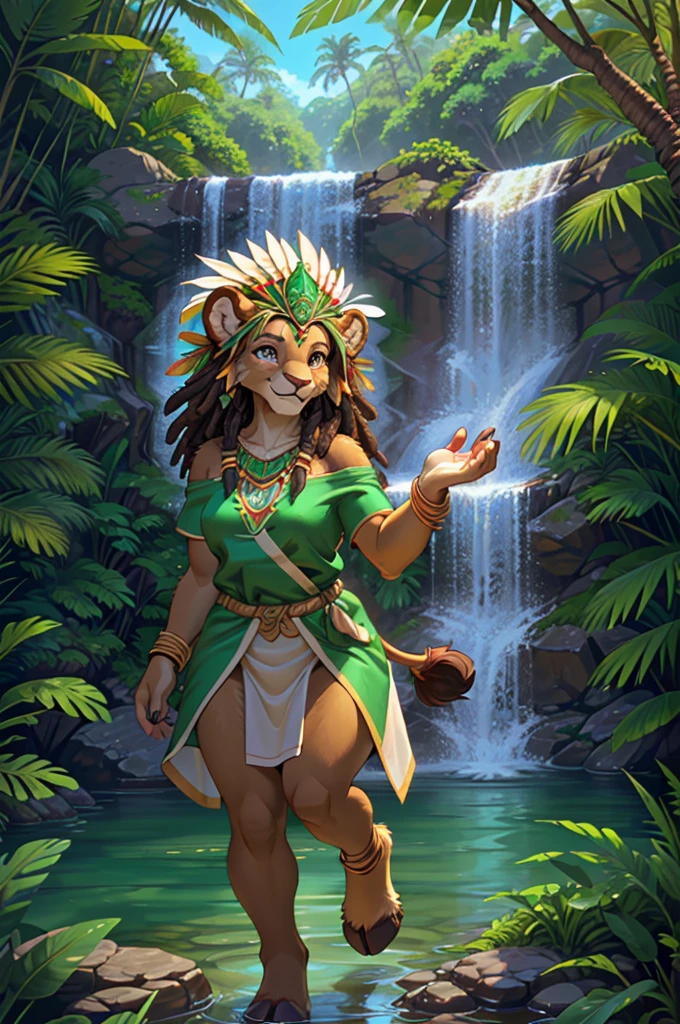 masterpiece, top quality, best quality, highly detailed, 8k, super high resolution, absurdres, perfect anatomy, dynamic_angle, ((highly detailed beautiful face and eyes)), solo focus, (furry female anthro), (adult), (((furry brown lion body))), (detailed brown body fur), bright brown eyes, black dreadlocks hair, ((shoulder-length hairstyle)), (happy, joyful), (hourglass figure, medium breasts), (looking at viewer, freckles on face), average height, hooves, ((jade green tribal tunic inspired by polynesian culture)), feather headdress, bracelets, jewelry, ((tropical backdrop, waterfall, lake)), lush greenery and plantlife, sunny sky