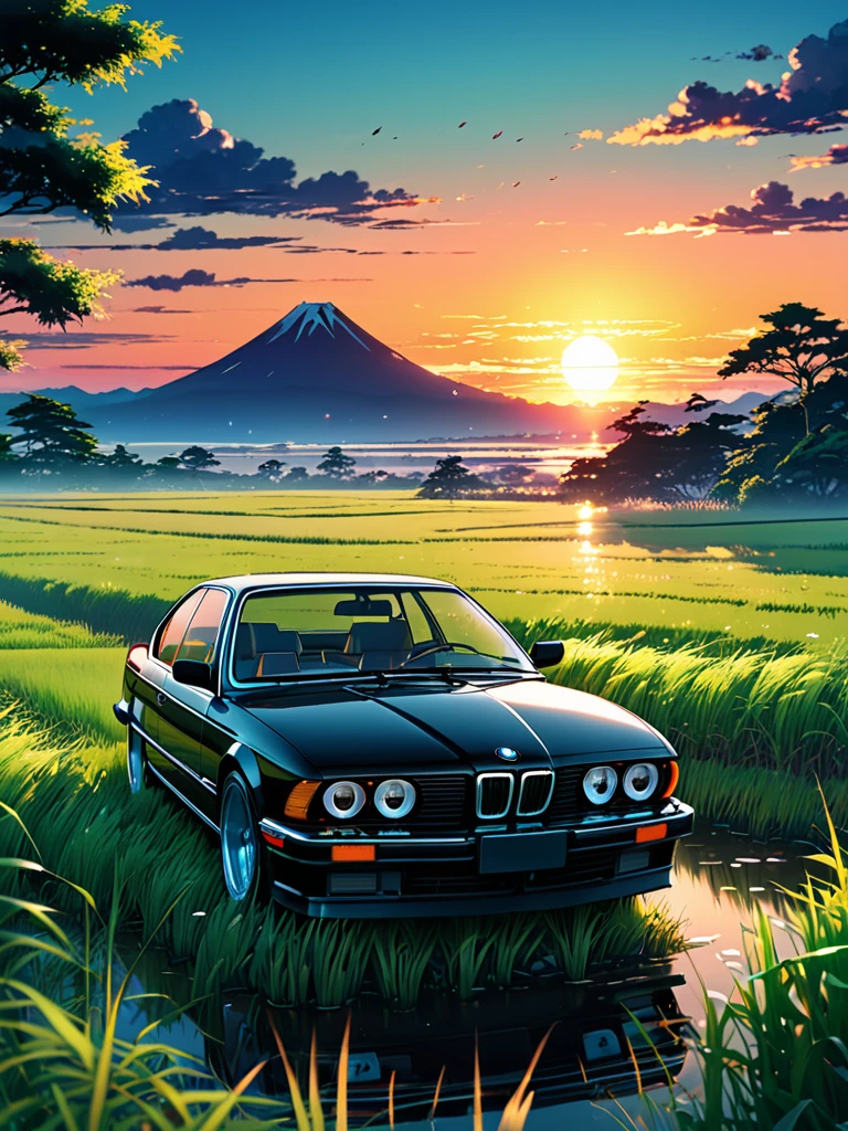 anime landscape of A pearl super space black classic 1993 BMW 628i sport sits in a field of tall grass with a sunset in the background.beautiful anime scene, beautiful anime peace scene, Makoto Shinkai Cyril Rolando, beautiful anime scene, amazing wallpaper, anime art wallpaper 8k, anime background, artistic anime background, anime wallpaper 4k, anime art 4k wallpaper, anime wallpaper art 4k,