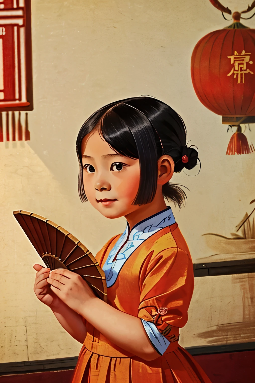 Puwei, China, 1830. A little ((((7-year-old)) Lily)), girl, with a ((fan)), ((((chinese clothings from the 1830s)))), ((short bob hairstyle of the 1830s)), ((colorful))