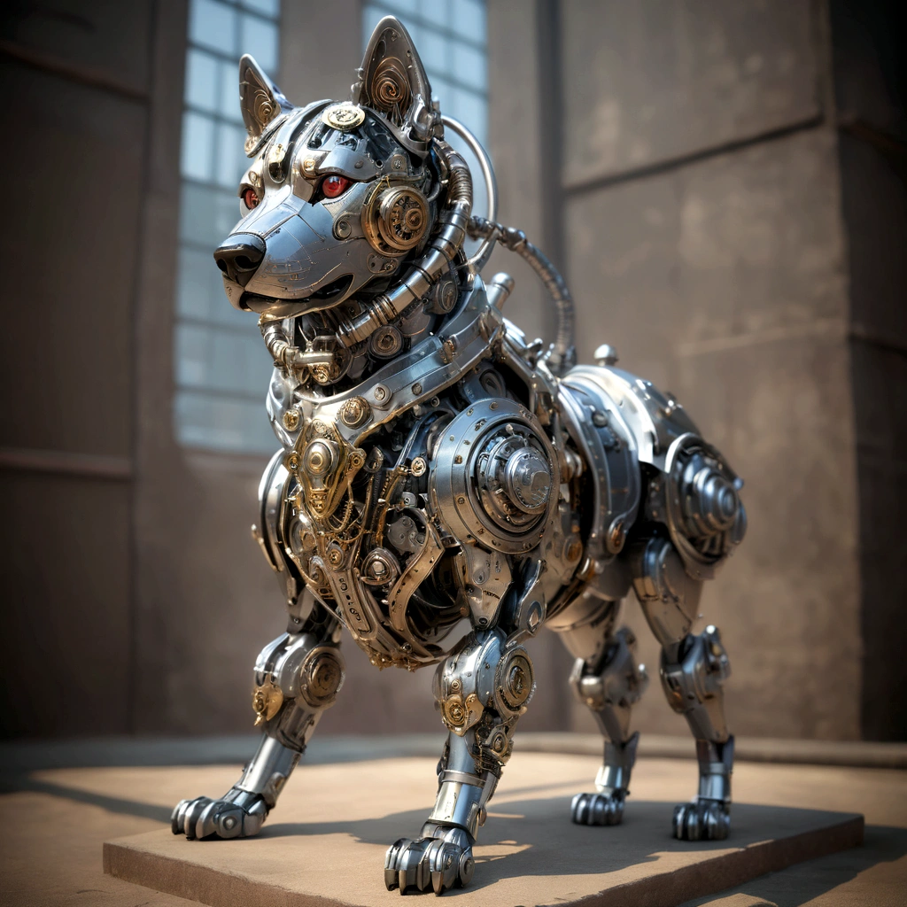 The building has a metal dog statue on its base., Armored Catの仲間, husky in shiny armor, Armored Cat, Steampunk dog, Cyborg dog, rendered in redshift, Steampunk ferret - a shaped mecha, Robot Lion, Industrial Mechanical Robot Dog, Highly detailed rendering, A good giant mechanical wolfdog, Detailed and complex rendering, Expressed in 3D rendering