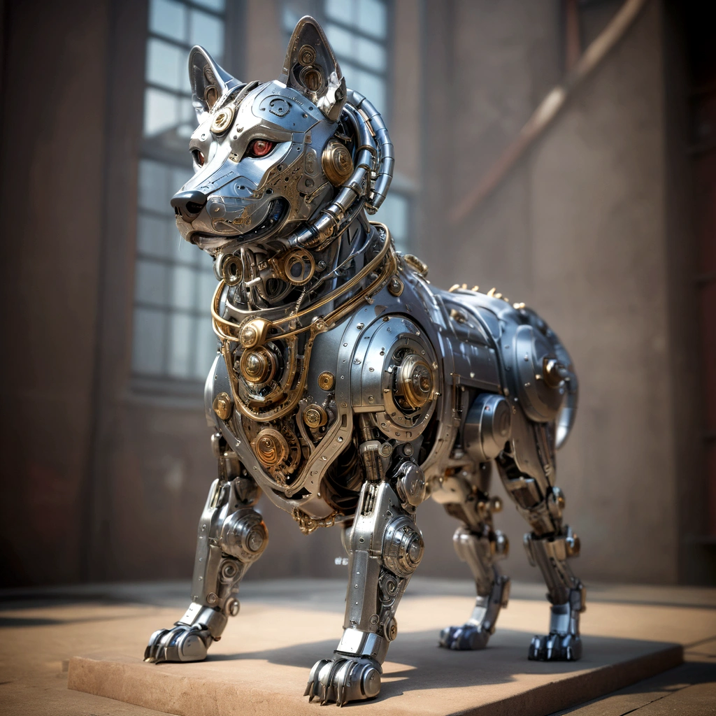 The building has a metal dog statue on its base., Armored Catの仲間, husky in shiny armor, Armored Cat, Steampunk dog, Cyborg dog, rendered in redshift, Steampunk ferret - a shaped mecha, Robot Lion, Industrial Mechanical Robot Dog, Highly detailed rendering, A good giant mechanical wolfdog, Detailed and complex rendering, Expressed in 3D rendering