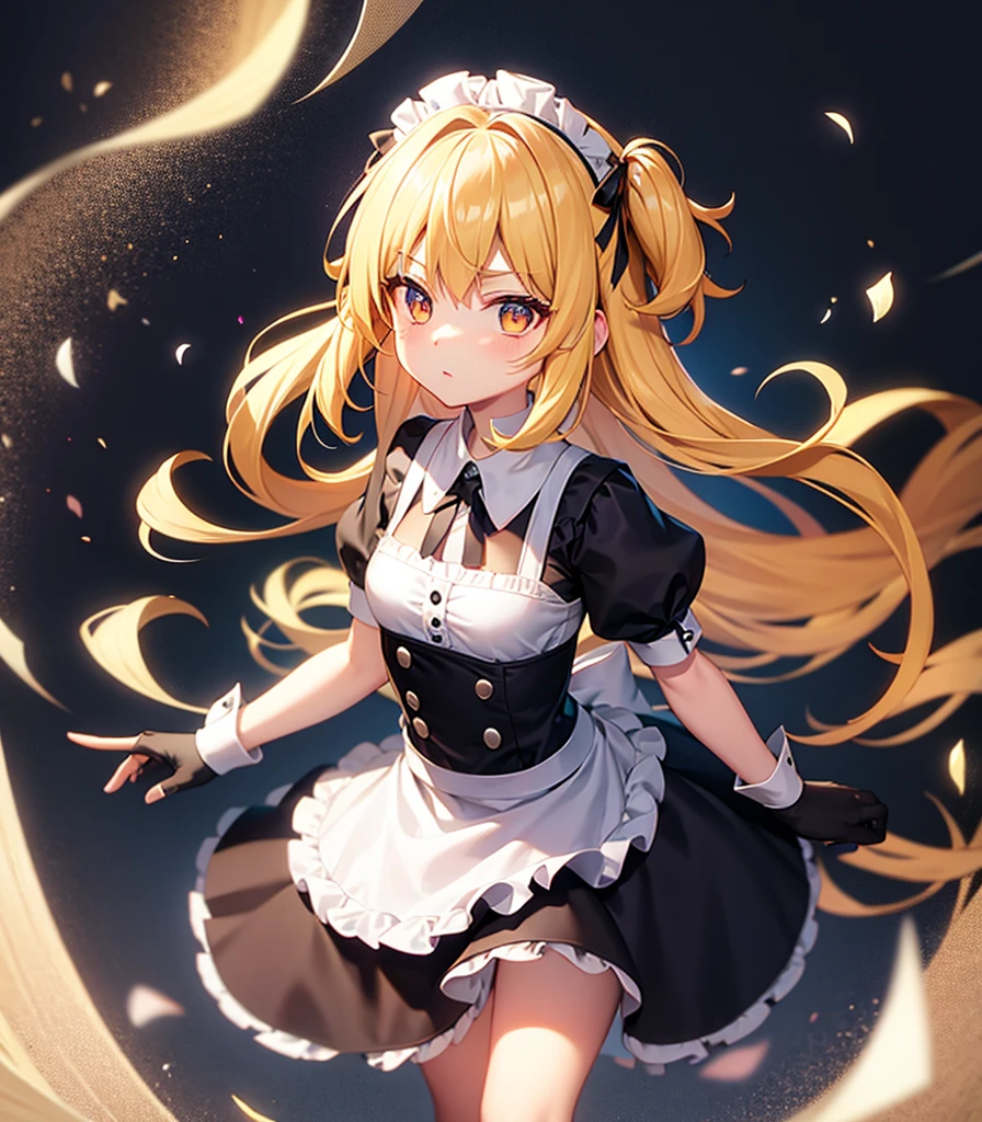 ((Maid)),Cute little ,Tiny ,Small girl,,Childish face, Very fine clean face,Top quality, Big eyes,Straight Hair,Yellow hair,Crimson Eye,(Dark Room), Subtle light, Natural light,Soft lighting,Light from directly behind, (Are standing), Cute pose, (Open your hands), Showing the whole body,Front view,Black background