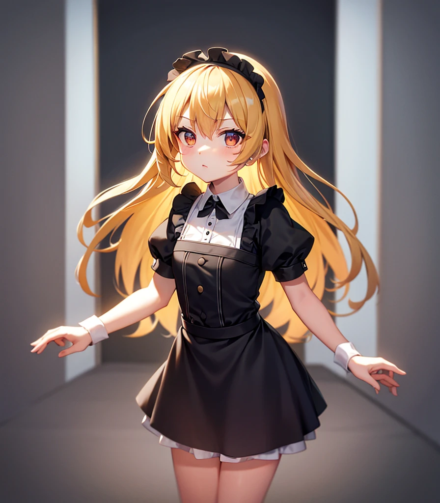 ((Maid)),Cute little ,Tiny ,Small girl,,Childish face, Very fine clean face,Top quality, Big eyes,Straight Hair,Yellow hair,Crimson Eye,(Dark Room), Subtle light, Natural light,Soft lighting,Light from directly behind, (Are standing), Cute pose, (Open your hands), Showing the whole body,Front view,Black background