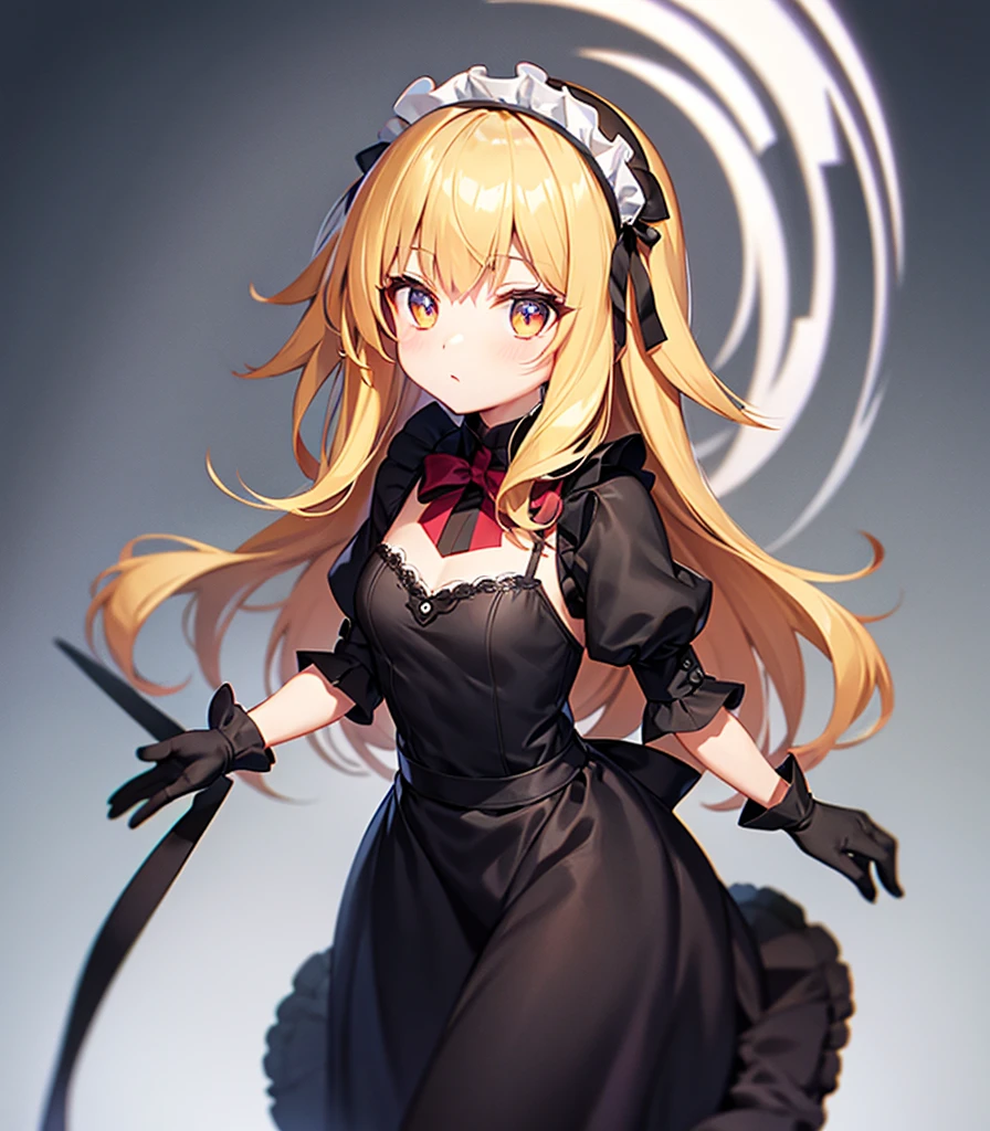 ((Maid)),Cute little ,Tiny ,Small girl,,Childish face, Very fine clean face,Top quality, Big eyes,Straight Hair,Yellow hair,Crimson Eye,(Dark Room), Subtle light, Natural light,Soft lighting,Light from directly behind, (Are standing), Cute pose, (Open your hands), Showing the whole body,Front view,Black background