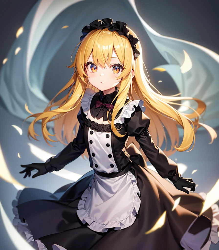((Maid)),Cute little ,Tiny ,Small girl,,Childish face, Very fine clean face,Top quality, Big eyes,Straight Hair,Yellow hair,Crimson Eye,(Dark Room), Subtle light, Natural light,Soft lighting,Light from directly behind, (Are standing), Cute pose, (Open your hands), Showing the whole body,Front view,Black background