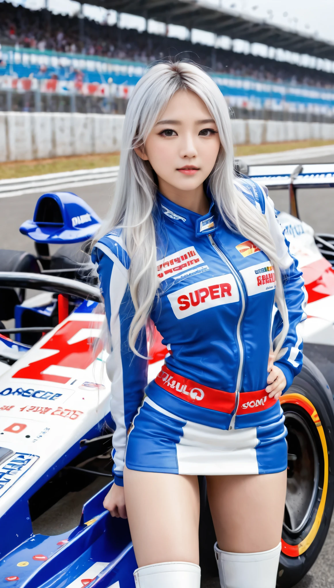 Highest quality, Super quality, 16K, Incredibly absurd, Very detailed, 2.5D, delicate and dynamic, blue sky, Confetti, Racing Car, Flag, Small face, Extremely delicate facial expression, Delicate eye depiction, Extremely detailed hair, Upper body close-up, erotic, sole sexy Japanes lady, healthy shaped body, 22 years old lady, Race Queen,  huge firm bouncing busts, white silver long hair, sexy long legs, Glowing Skin, , 派手なRace Queenのコスチューム, blue tight skirt, white leather long boots, Formula 1, Auto Racing Track