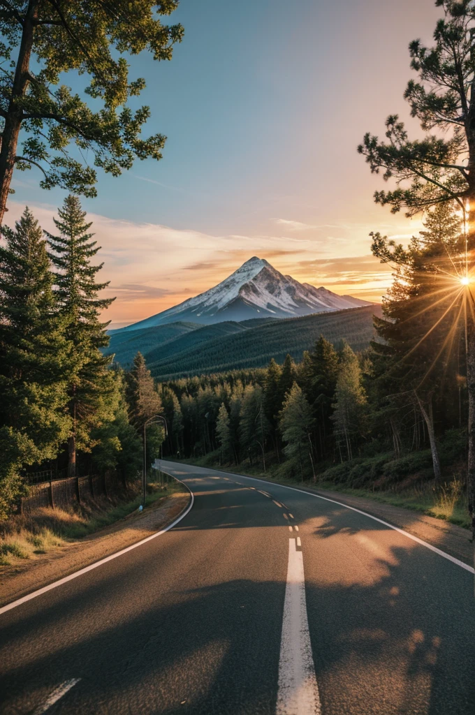 Sunset, mountain,trees , long road 