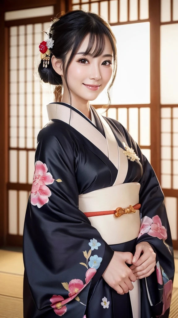(Super beautiful woman in kimono)、((highest quality、8K masterpiece:1.3))、sharp focus:1.2、(super beautiful face:1.0)、(shiny skin:1.0)、realistic pictures、black hair、video lighting、High resolution eyes and face、video lighting、japanese actress、from the front、with a happy smile、whole body、wearing a kimono、in Kyoto、(luxury obi)、with a fan