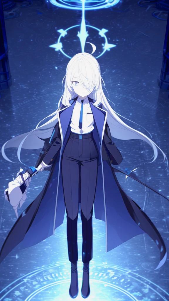 (Highest quality), (High resolution), (masterpiece), (Super detailed), (Highest quality), (High resolution), (masterpiece), (Super detailed), (Bright saturation), Thigh-length hair, White Hair, Heterogeneous eyes: purple left eye and blue right eye, Blue Archive Art Style, One girl, Swinging a black sword in his right hand, Left hand in pocket,  girl, (Black long coat, White shirt, Black tie, Black trousers, suit, Black halo) whole body, Countless swords of light are stuck in the ground., Magic circle in the background, Expressionless, Vivid saturation