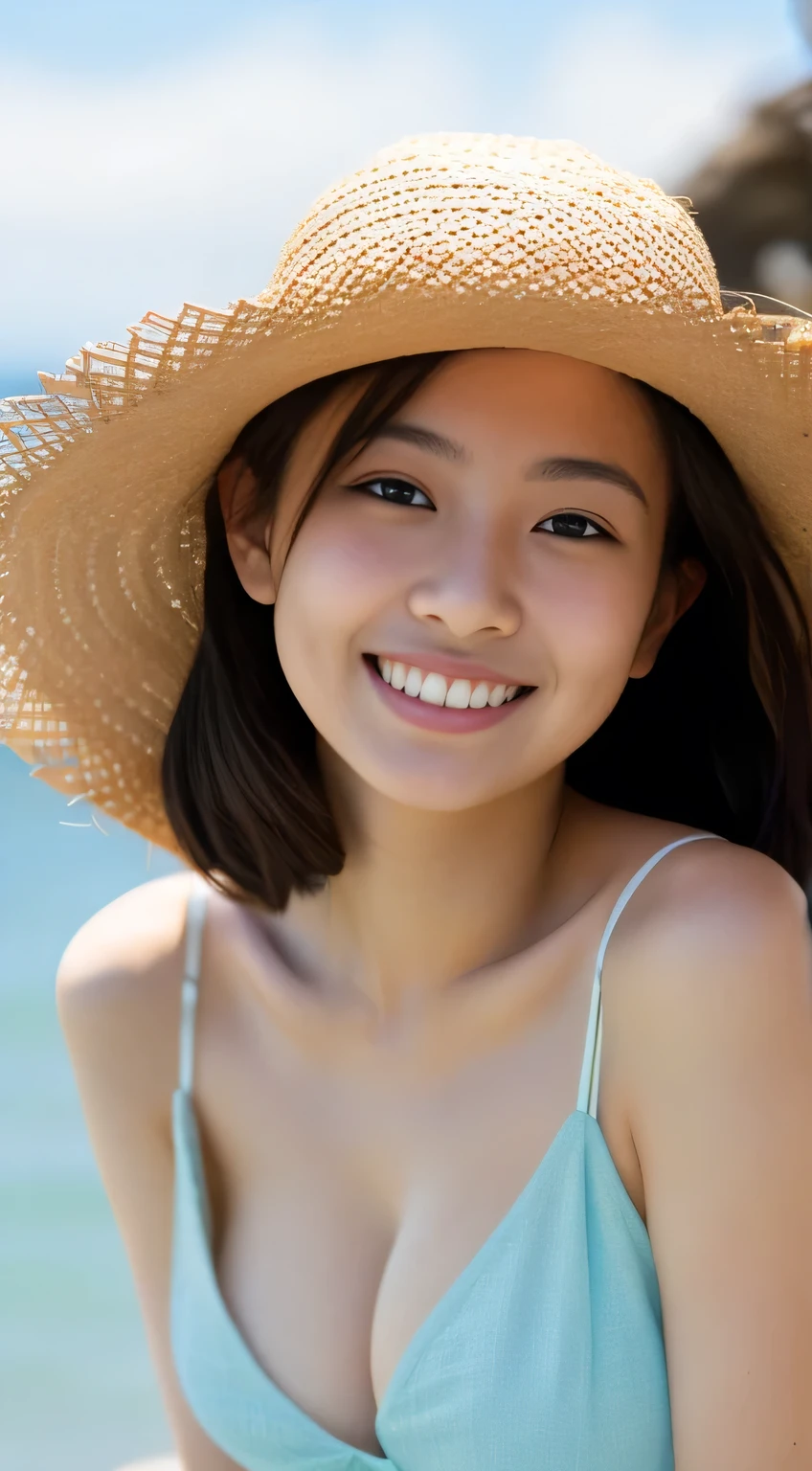 masterpiece,best quality,(Japanese ),((Beautiful girl)),cleavage,(perfect body beauty:1.2),(shy smile),beautiful teeth,(straw hat),(seaside),