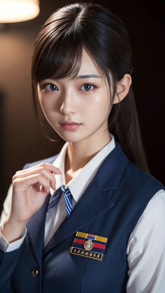 A beautiful young Japanese woman, around 20 years old, wearing a stewardess uniform, ultra-detailed, 8K resolution, highly realistic, cinematic lighting, best quality, masterpiece, photorealistic, physically-based rendering, extremely detailed, vivid colors, professional, sharp focus, studio lighting
