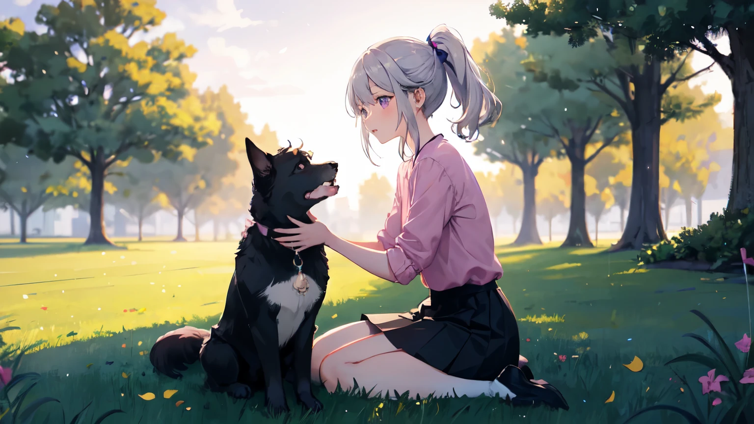 One girl, Pink Shirt,skirt,ponytail,Gray Hair, Purple eyes, magic circle, Grass Park,Playing with a dog in the park,Depth of written boundary ,There is a dog in the picture,Evening sky, Particles of light, light, Side Lighting, destiny \(series\),