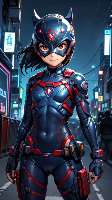 (8k),(masterpiece),(Japanese),(),((innocent look)),((Childish)),From the front,smile,cute,Innocent,Kind eyes,Flat chest,Hairless vagina, Cameltoe,Blue Superhero Helmet,Blue Superhero Mask,Blue Beetle Costume,Short,Hair covered by helmet,Black Hair,Strong wind,night,dark, Neon light cyberpunk city