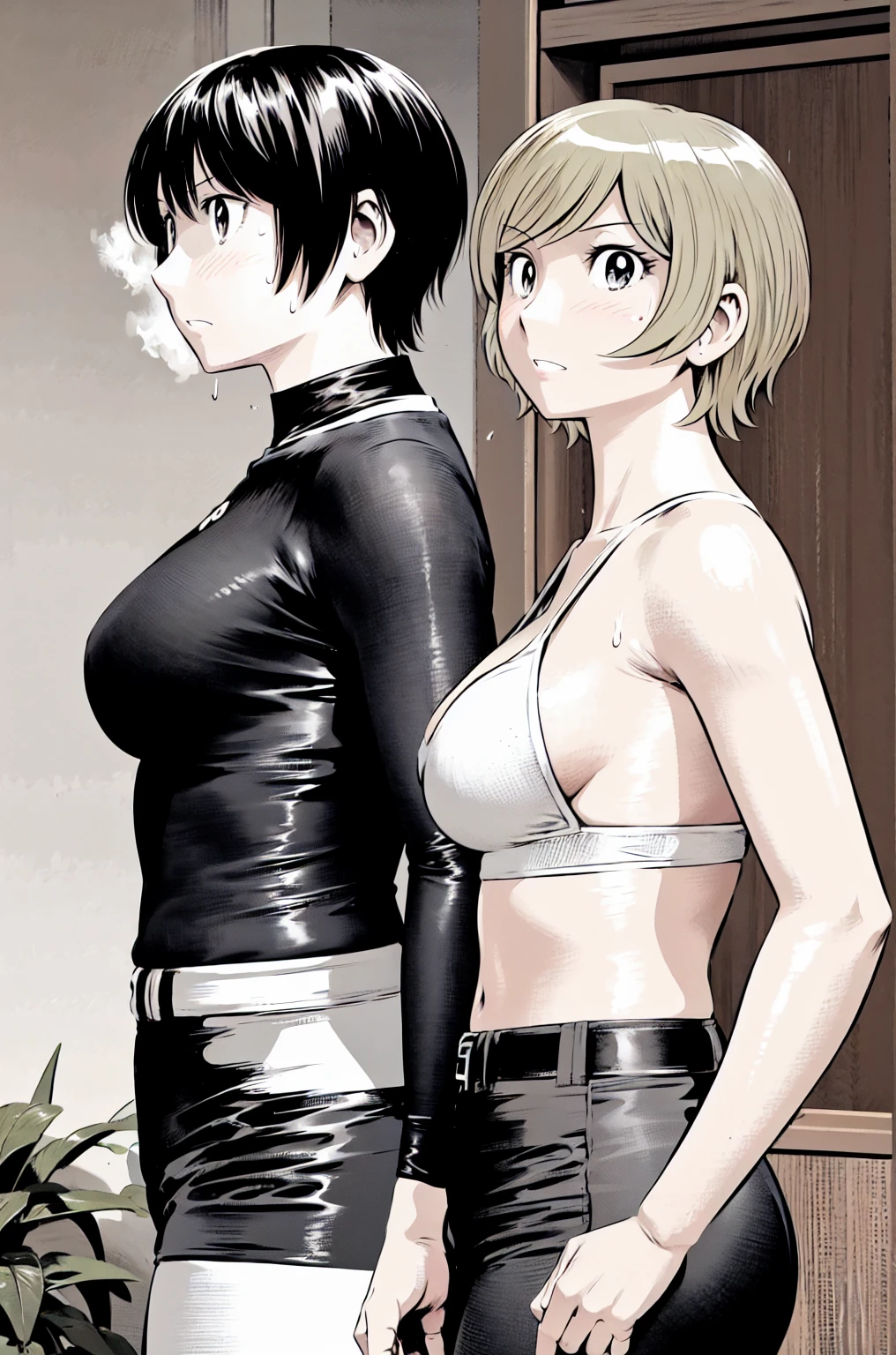 、(masterpiece、Highest quality)、Highest quality, Ultra-high resolution, (((masterpiece))), alone, Sweat、Big eyes,Tight black shirt、Tight white pants、belt、indoor、Composition from the front、(Cut the back hair short、short hair、blonde、woman)、Shortcuts、Embarrassed face、Cut your hair short、可愛いwomanの子、Big Breasts、office