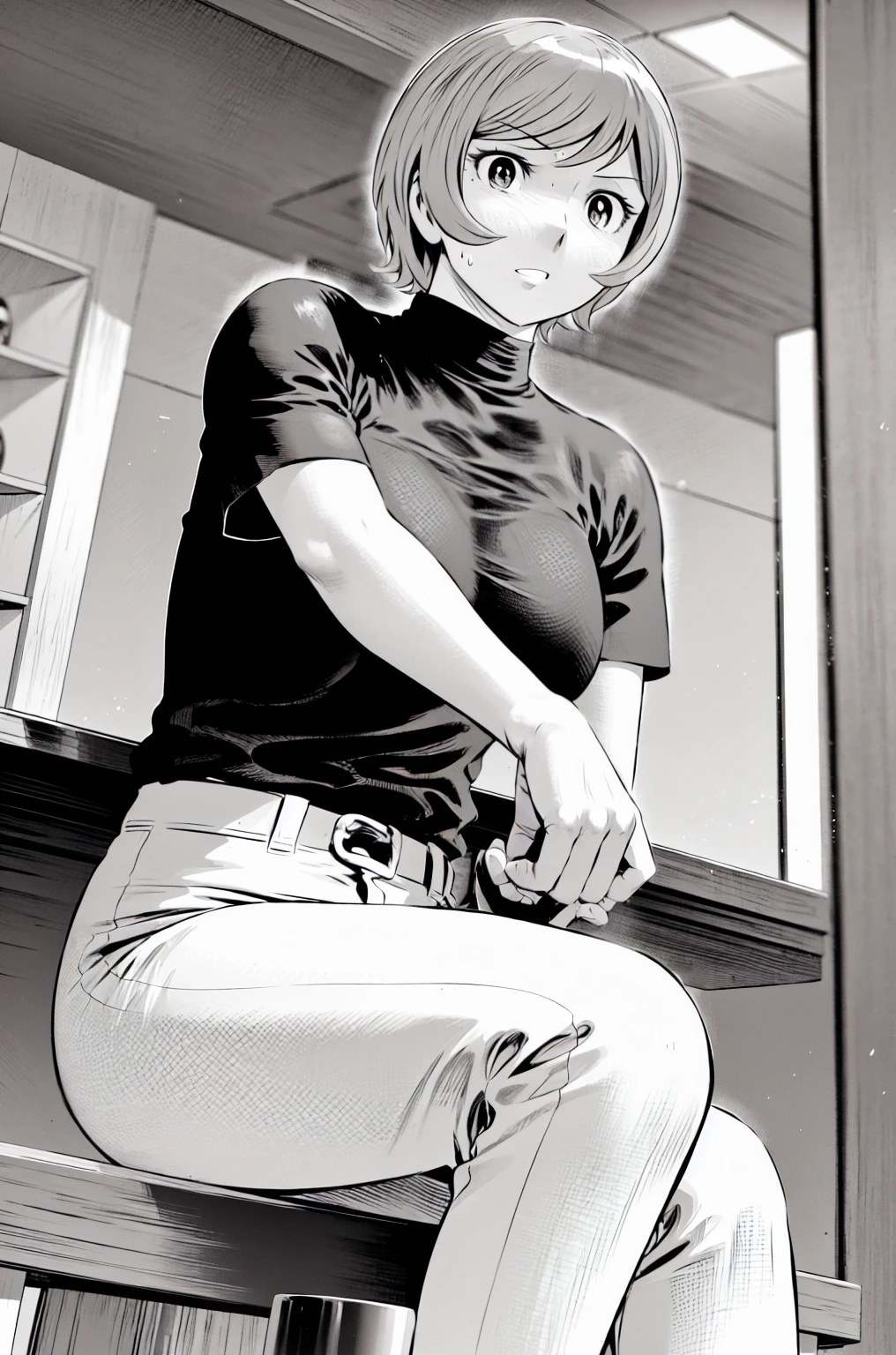 、(masterpiece、Highest quality)、Highest quality, Ultra-high resolution, (((masterpiece))), alone, Sweat、Big eyes,Tight black shirt、Tight white pants、belt、indoor、Composition from the front、(Cut the back hair short、short hair、blonde、woman)、Shortcuts、Embarrassed face、Cut your hair short、可愛いwomanの子、Big Breasts、office