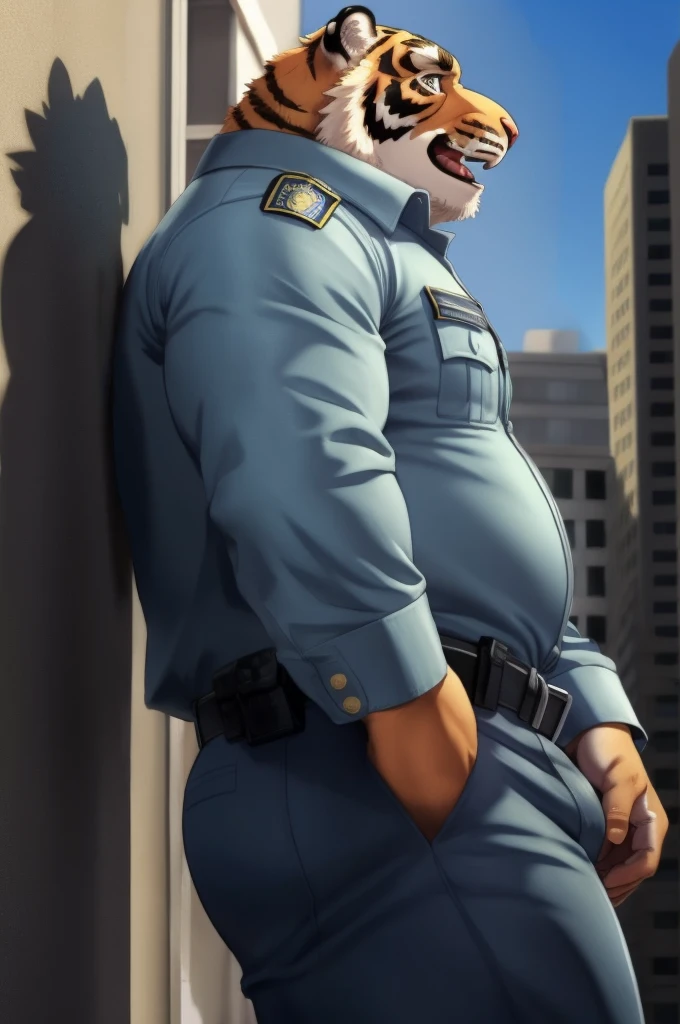 Author: bontiage, (1 boy), One, tiger, bulge, police shirt, Men's Second, kemono, hot body, muscle, Beautiful, sexual, Attractive guy, (Detailed black eyes), brows, (masterpiece, A high resolution, Best quality), 4K, a male, Beautiful shadow, expressionless, (front side:1.5), standing, downtown, (looking up:1.2), (open mouth:1.4), Lean back in surprise