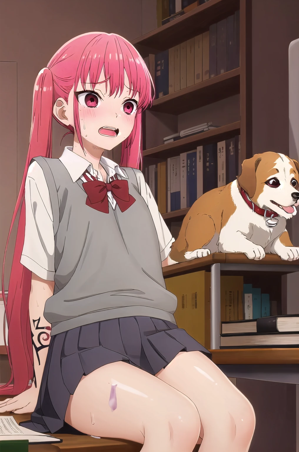 masterpiece, best quality, ayasakiremi, red eyes, twintails, open mouth, upper teeth, uniform, school, high school girl, bare legs, sitting on desk, school uniforms, red hair, holding books,(sweating), tremor,[despair|scared], Wearing a dog collar, Naughty tattoo on the belly 