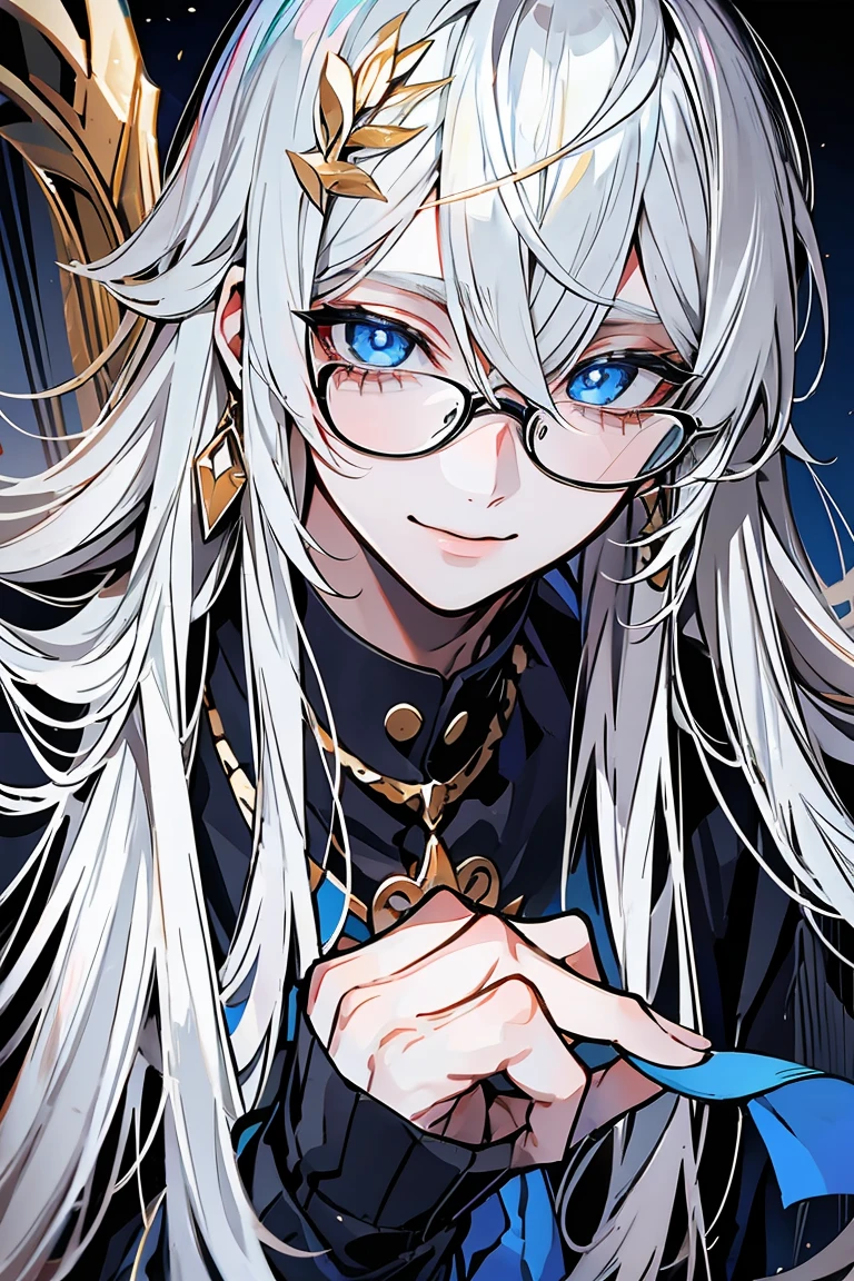 male,金色long hair,Look to the lower left corner,Lips pursed smile,Best qualities of blue eyes,,{long hair},Straight Hair,{High resolution}{gentle face},student,Gold-framed glasses,blue pupils(Sharp eye 光),(((Adult male))),Face clarity,The white of the eye is distinct,Five fingers,study,library,Scholar,Elegant temperament,Adult male,man
