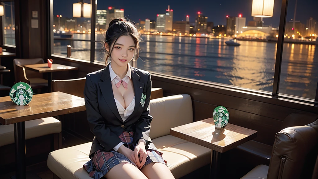 (A girl in a blazer uniform ((White blouse with formal collar, Blue Blazer, 
Pink plaid skirt, Red checkered ribbon on blouse)), Complete limbs, Full Finger,)

(((You can see the Statue of Liberty from the window)))

High-resolution images, Atmospheric perspective, 8K, Super detailed, Accurate, Highest quality, Angle from below the table, woman, ((smile)), In the city, busy, (((skyscraper))),High heels, Shoulder bag, necklace, restaurant with big windows, Take a seat, (Other customers), (((night景, You can see the view of the harbor from the window))), food, Put your hair up,(((((Starbucks Coffee)))))((((Three Women))))(((night)))
((((Emphasize cleavage))))
