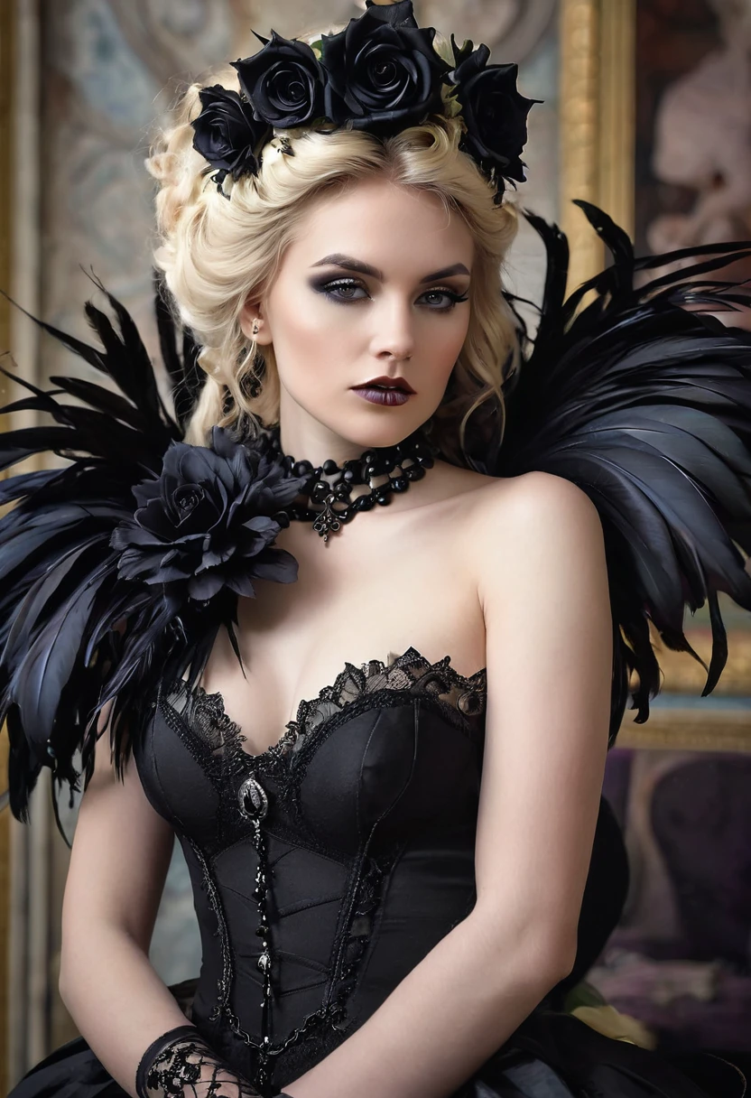 blond woman with black feathers and a flower in her hair, sexy and nude, and a shaved pussy visible,wearing gothic accessories, gothic princess portrait, gothic harts, an elegant gothic princess, dreamy and ethereal and dark, gothic regal, magic and steam - punk inspired, gothic and baroque, inspired by Albert Edelfelt, inspired by Alexandre Cabanel, inspired by Horst Antes, black roses in hair