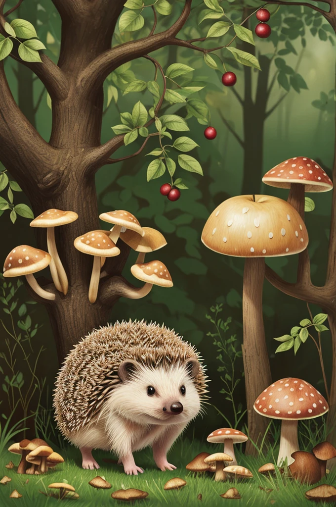 Illustration of a hedgehog with mushrooms and an apple tree in the forest