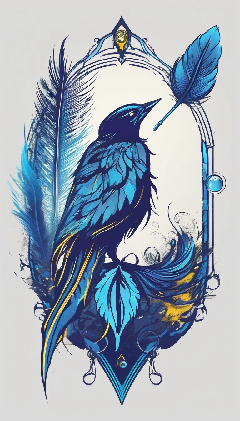 Create a minimalistic, simple, fantastic, easy to understand, logo design of a boy and a feather for an upcoming Fantasy Role Playing Game called " Penamemoria". The game is about a world full of bird and feathers. A boy enters that world and discovers his true artistic identity. Create a logo design that transmits the essence of this videogame. It´s a fantasy game, with fantasy elements. Create the logo in the center and a fantasy theme as background. Use the colours blue, white, yellow in the logo. The logo design must convey a sense of fantasy, dreams and music. Must convey a feeling of being a true Dreamer