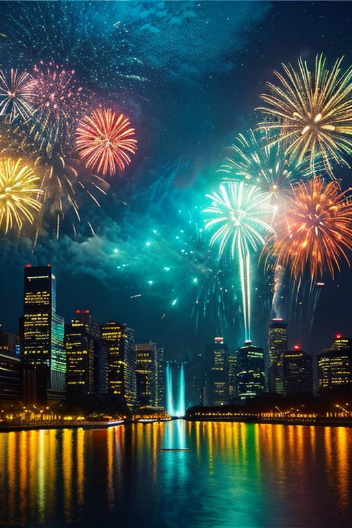 Highest quality、Landscape painting、firework、Neon lights in the city