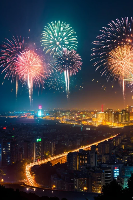 Highest quality、Landscape painting、firework、Neon lights in the city
