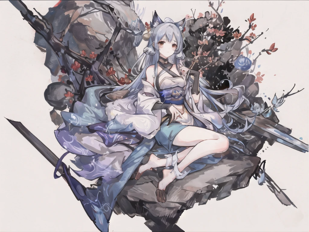 ((4K,masterpiece,best quality)), Mysterious Mercury Witch, Traditional Chinese ink painting, Jasmine,  Hanfu, maxiskit, 穿着保守 1 大elder sister, Solitary, Light blue hair, Fox ears, White,  Butterfly, many Butterfly near boy, Look at the audience, tease,elder sister,