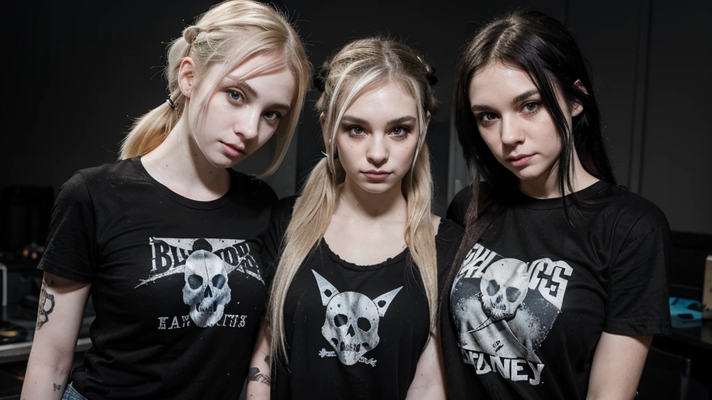 2 emo girls with pale skin. one has a pony tail, huge breasts, black t-shirt with a skull imprint, and tattered jeans looking shyly at the camera. the other has , black t-shirt, tattered jeans, and looking shyly at the camera, looks at the camera, looks at the camera,