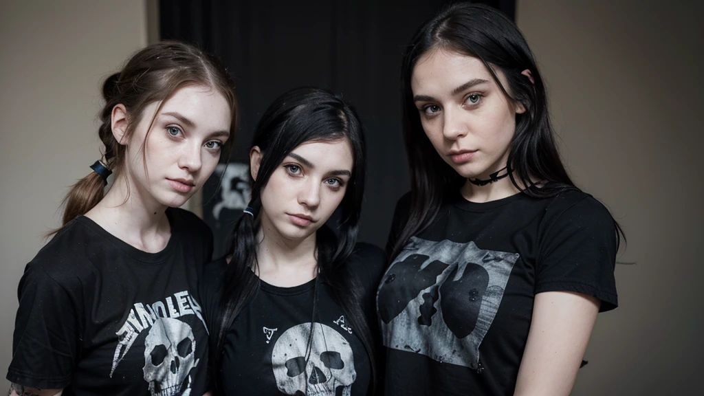 2 emo girls with pale skin. one has a pony tail, huge breasts, black t-shirt with a skull imprint, and tattered jeans looking shyly at the camera. the other has , black t-shirt, tattered jeans, and looking shyly at the camera, looks at the camera, looks at the camera,