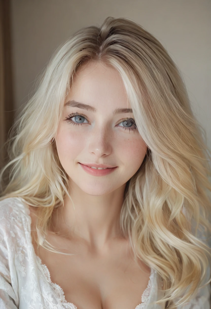 （（European Caucasian Woman））、（（Maria, 18 years old））One person、Thin contours、Grey Eyes、Big Breasts、Narrow waist、White and translucent skin、Beautiful, shiny blonde medium-long hair、8-head-tall model style、白レースビキニ、Waist-down angle、smile、Hotel Rooms