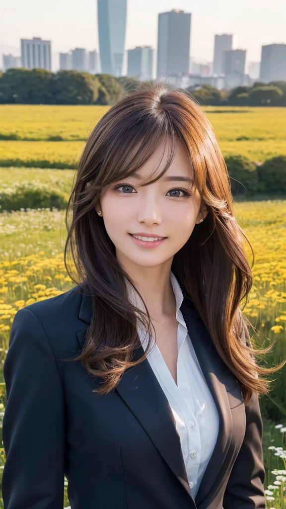highest quality、genuine、Super detailed、finely、High resolution、8k wallpaper、one beautiful woman、、、light brown disheveled hair、wearing a business suit、sharp focus、perfect dynamic composition、beautiful and detailed eyes、thin hair、Detailed genuine skin texture、smile、model body shape、In Tokyo at morning、In a windswept meadow