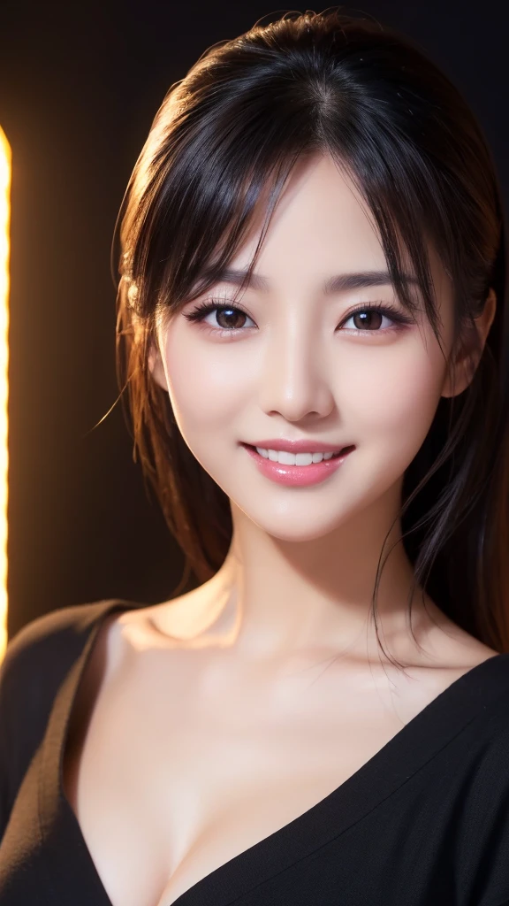 (Super beautiful woman)、((highest quality、8K masterpiece:1.3))、sharp focus:1.2、(super beautiful face:1.0)、(shiny skin:1.0)、realistic pictures、black hair、video lighting、High resolution eyes and face、video lighting、japanese actress、from the front、with a happy smile、whole body、